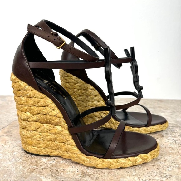 YVES SAINT LAURENT YSL CASSANDRA LOGO WEDGE HEEL ESPADRILLES Size 37 - Picture 5 of 9